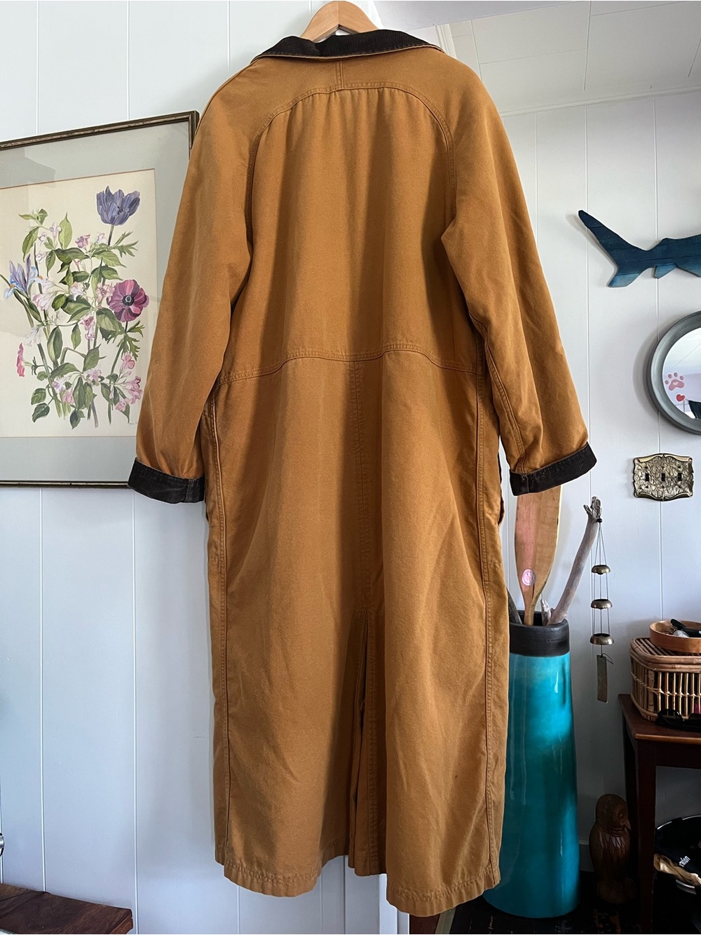 Vintage LL Bean Sherpa Lined Aztec Duster Coat Canvas Chore Rancher Tan Trench - Picture 2 of 16